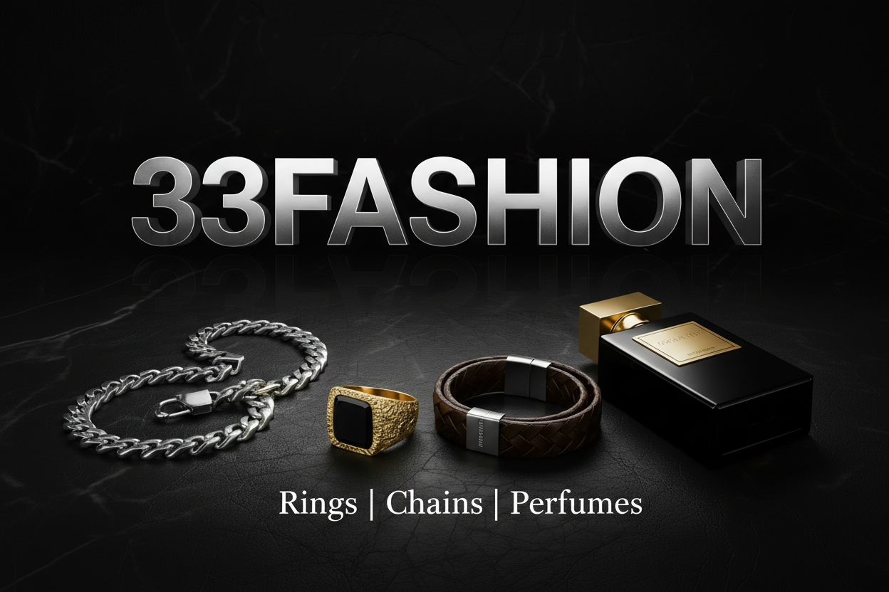 A premium e-commerce web banner for "33FASHION" on a deep black background. In the exact center, a cinematic composition of men's accessories: a silver chain, a gold ring, a leather bracelet, and a luxury perfume bottle. The text "33FASHION" is written in big, bold, metallic silver 3D letters floating right above the products in the center. Below it, smaller text reads "Rings | Chains | Perfumes". The background is dark and textured (black marble or leather). High contrast, professional studio lighting. The